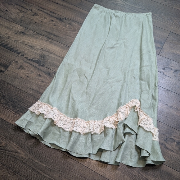 Zelie Linen Sage Vintage Fall/Spring Maxi Skirt with Lace Detail Size Large - Picture 2 of 12